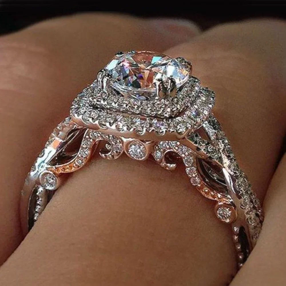 NEW Two Tone Silver Round Diamond Halo Ring - Picture 1 of 7